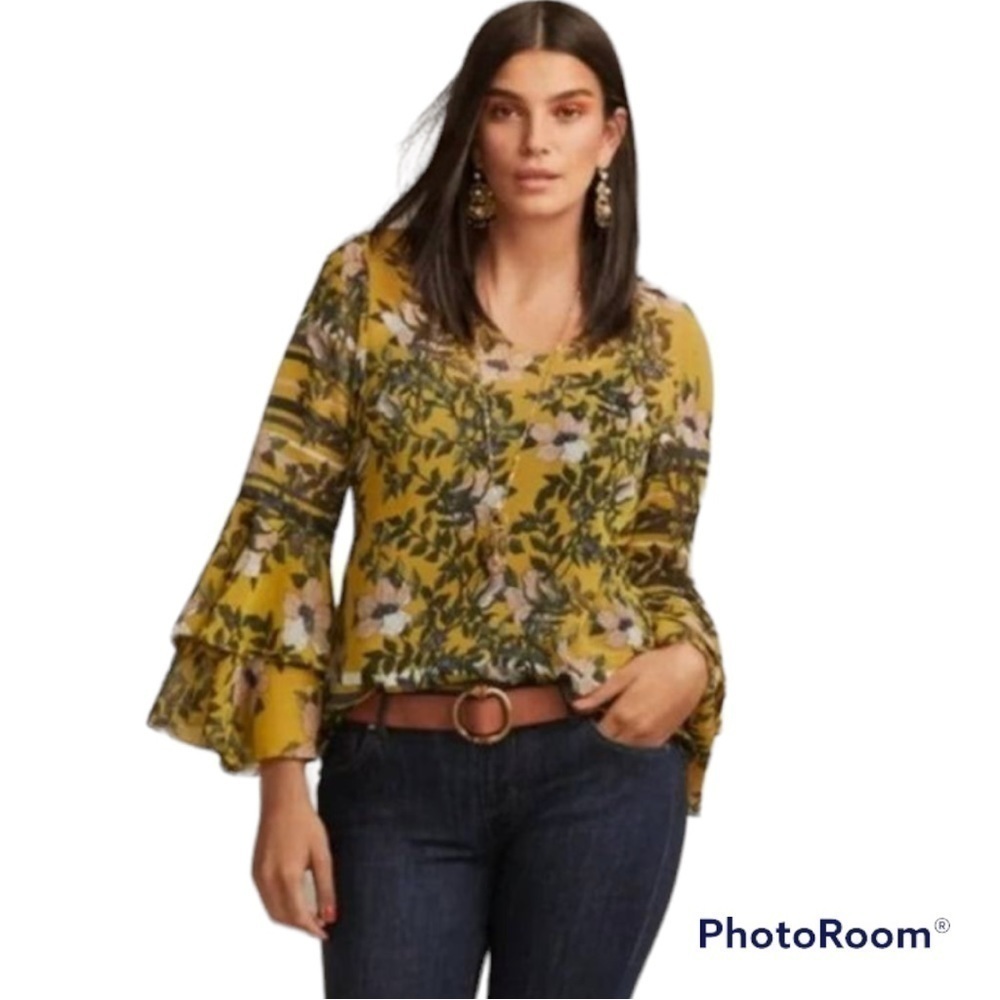 NEW Cabi Scene Blouse In Gilded Floral Yellow Bellsleeve Career wear‎ Size XS